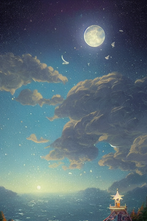 Moon Sea And Night Sky With Stars, Ornate Detailed Backgroun...