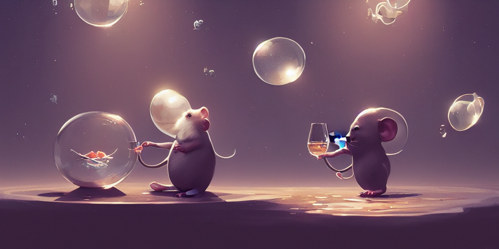 Rats In Tuxedos Drinking Champagne Inside A Bubble Flying In...