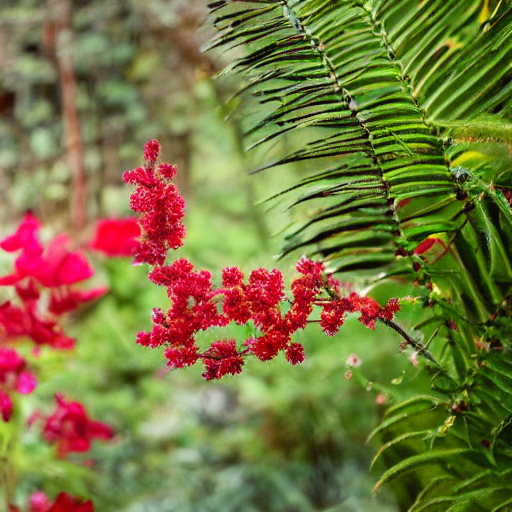 In A Garden, Glowing Delicate Flower, Berries And Ferns That...