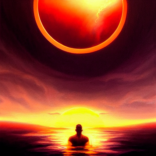 A Painting Of A Silhouette Kneeling In The Water In Front Of...