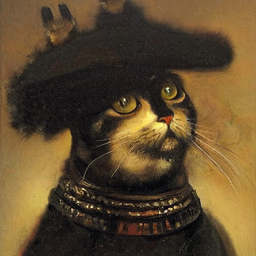 Oil Portrait Painting By Rembrandt Of A Cat Wearing A Morion...