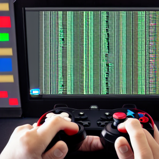 A Elaborate Robot Coding, On Screen Old Video Game Shown, Ro... — Stable Diffusion AI Prompt: a elaborate robot coding, on screen old video game shown, robot hold a controlle...
