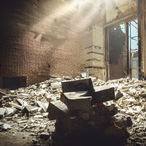 A Biomechanical Hand Sticking Out Of A Pile Of Rubble In An...