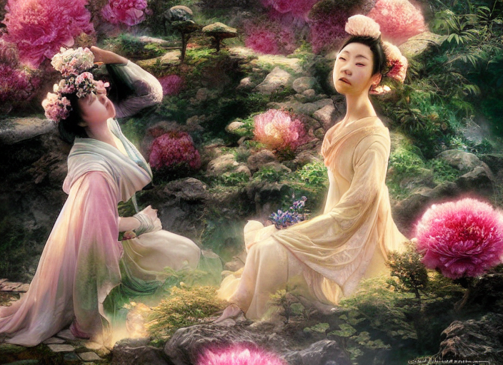 Ancient Japanese Fantasy Garden, Beautiful Woman Caring For...