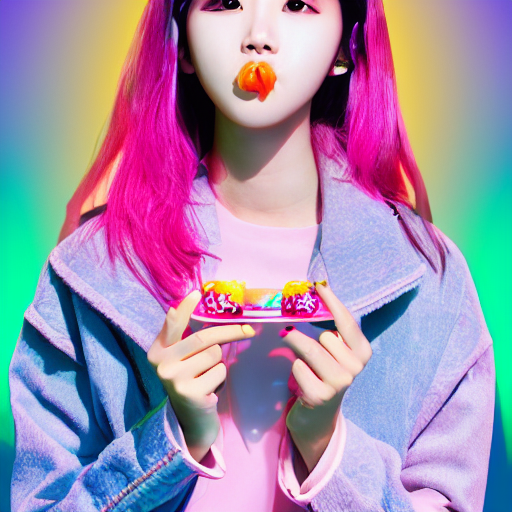 Kpop Idol Woman Dressed In Pink, Eating A Sucker, Vaporwave...