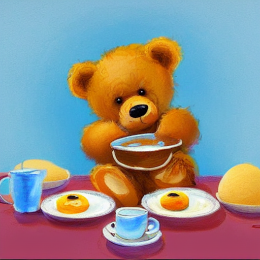 Cute Fluffy Golden Teddy Bear Eating Bagels And Eggs For Bre...
