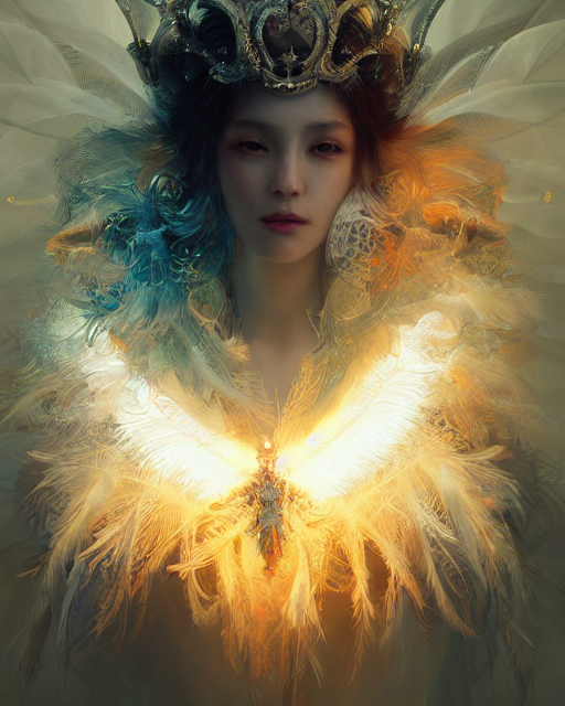 Portrait Of Queen Of Light, Feathers, Fractals, Jewelry, Emi... — Stable Diffusion AI Prompt: portrait of queen of light, feathers, fractals, jewelry, emissive, volumetric li...