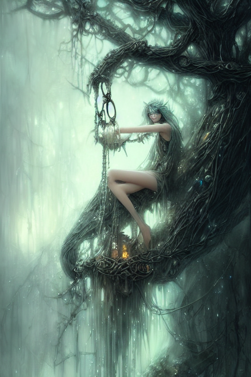Crystal Coffin Hanging On Chains, Tree, By Wlop, By Luis Roy...
