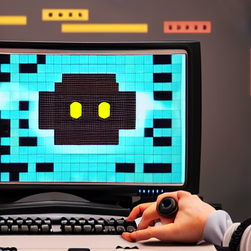 A Robot Shown Coding And Old Video Game, On Screen Game Show... — Stable Diffusion AI Prompt: a robot shown coding and old video game, on screen game shown