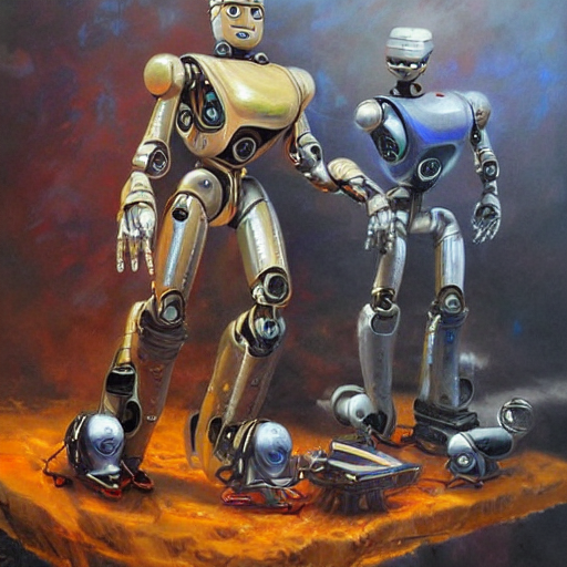 Robots Creating New Robots, Oil Painting By Ryan Meinerding
