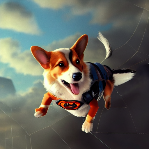 Corgi Has  Spider Eyes  Wearing A Superhero Suit  Flying In...