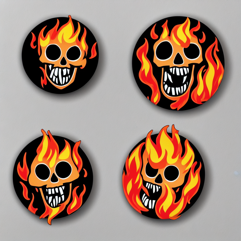 Close Up Of A Nostalgic Cute Laughing Skull Fire Face Button...