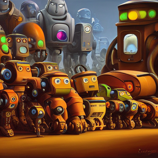 Robots Creating New Robots In A Long Factory Line, Oil Paint...
