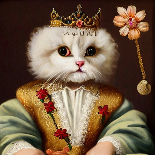 Renaissance Oil Painting Of Anthropomorphic Cute Fluffy Cat...