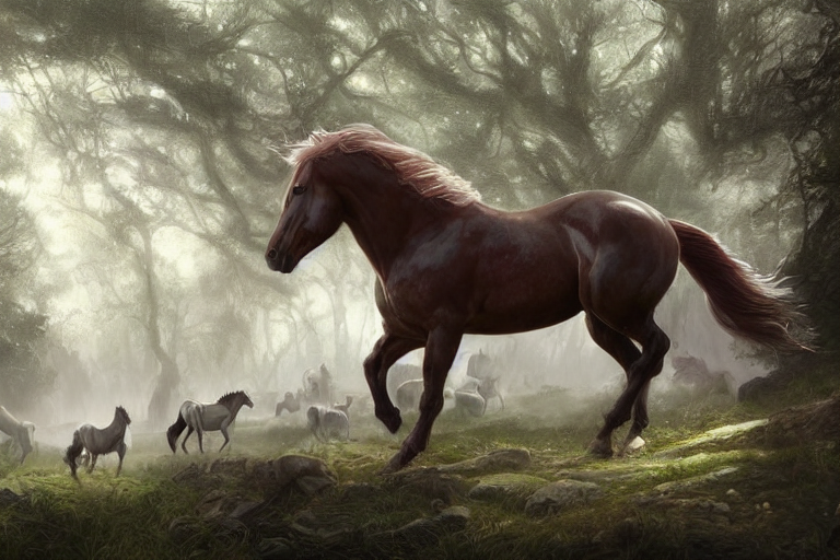 Horse Herd In A Glade, Highly Detailed, Digital Painting, Ar...