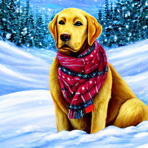 Anthropomorphic Golden Labrador Dog Wearing A Scarf Sitting...