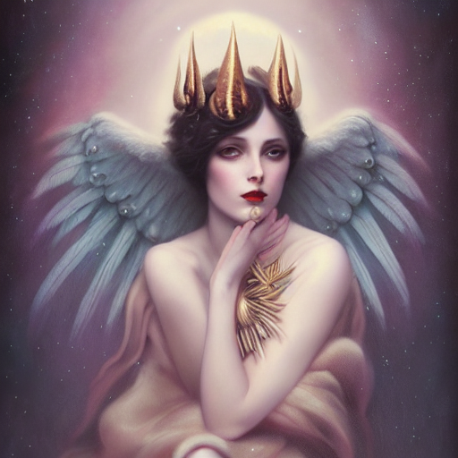 Portrait Of A Beautiful, Elegant Winged Goddess With Horns B...