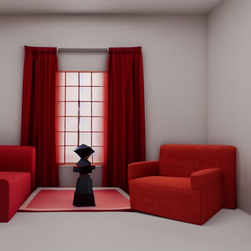 A Living Room With Walls Covered By Red Curtains, A Couch, A...