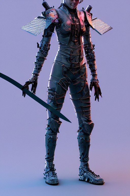 Grimes In Medieval Cyberpunk Armor Holding A Sword In Her... — Stable Diffusion AI Prompt: [ grimes in medieval cyberpunk armor ]! holding a [ sword in her hand ]! in a [...