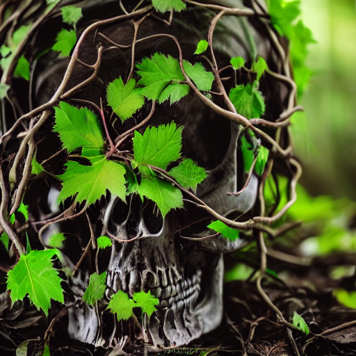 Dark Vines Growing Through A Human Skull In The Woods, Dark...