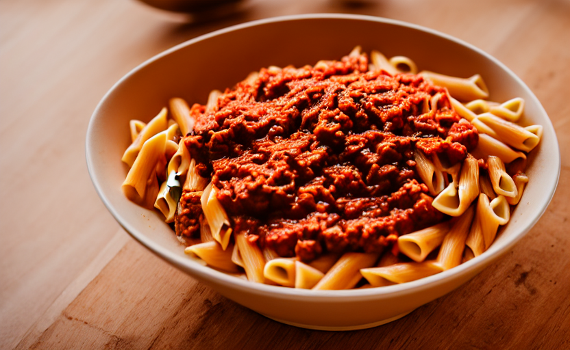 Macro Shot Of A Pasta Bolognese Bowl On A Wooden Table, Natu...