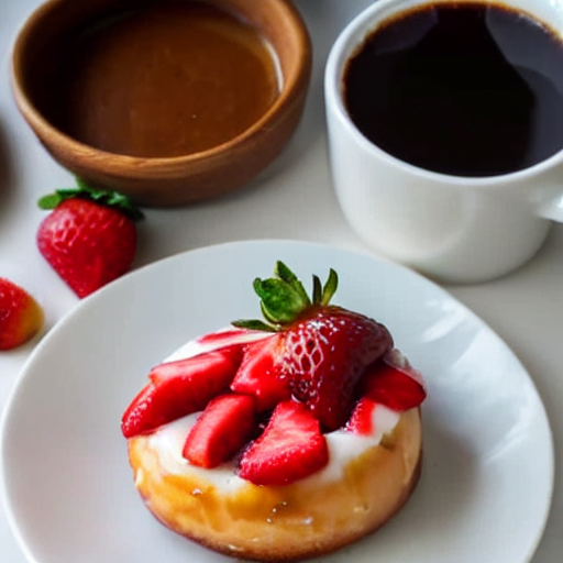 White Chocolate Glazed Donut With Strawberries On A Plate Wi...