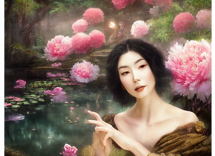 Ancient Japanese Fantasy Garden At Night, Beautiful Woman Ca...