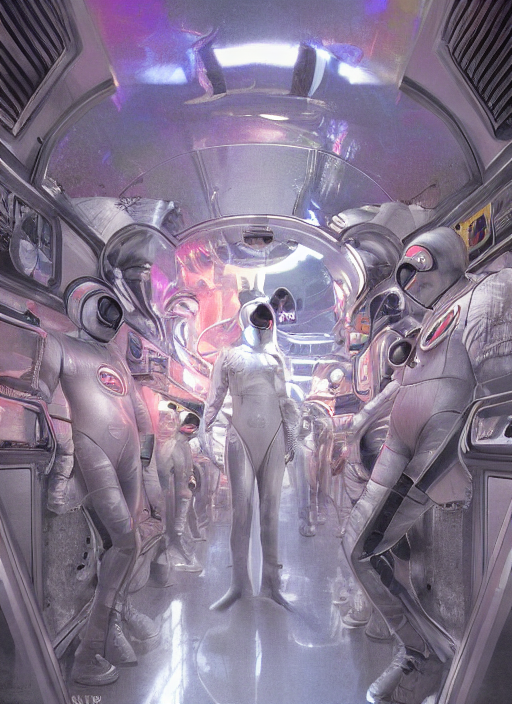 Astronauts In Holographic Chrome Suits In Dark Subway - Comp...
