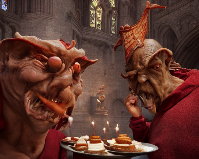 Closeup Profile Face Portrait Of Medieval Goblins Eating Cak...