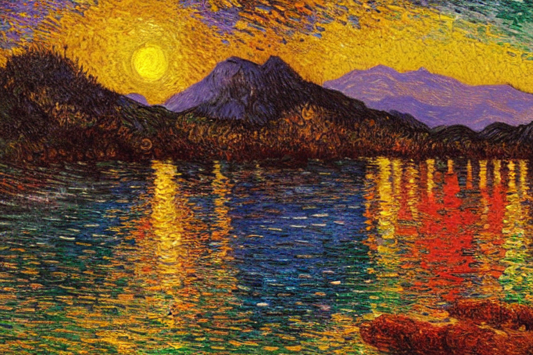 A Digital Fine Art Painting Of A Mountain Lake At Sunset, A...