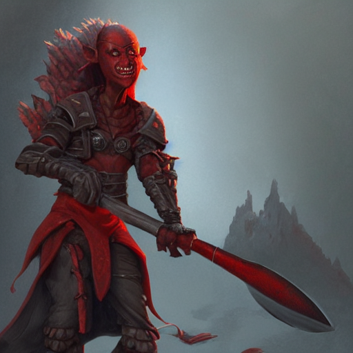 Dark Grey Skinned Female Goblin With An Oversized Red Axe, D...