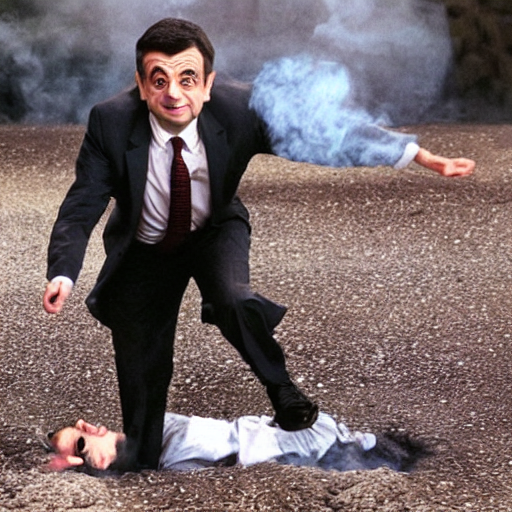Rowan Atkinson As Mr. Bean Doing A Cartwheel Over Hot Coals