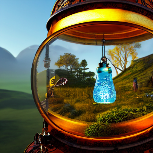 Scottish Landscape Inside A Steampunk Glass Jar Hanging From... — Stable Diffusion AI Prompt: scottish landscape inside a steampunk glass jar hanging from a hot air balloon,...