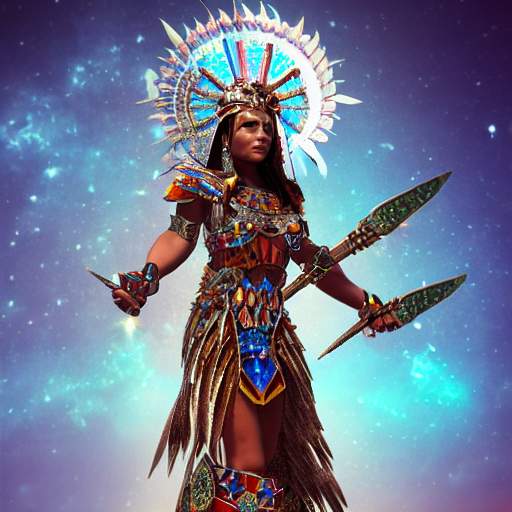 Aztec Sun Goddess Patchwork Armor Brandishing A Celestial St...