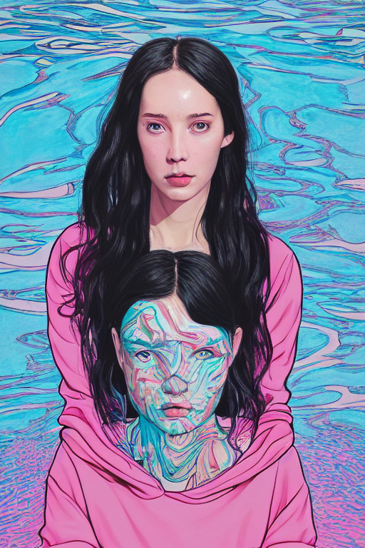 Painting Of A Woman With Black Hair In Pink Sweatshirt Stand...