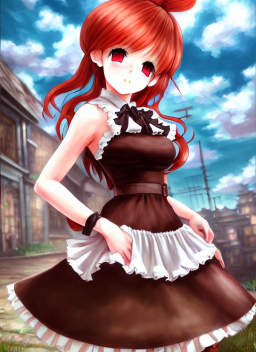 A Redhead Bombshell Anime Girl Wearing Brown Lolita Dress, M... — Stable Diffusion AI Prompt: a redhead bombshell anime girl wearing brown lolita dress, mob cap!! red shoes,...