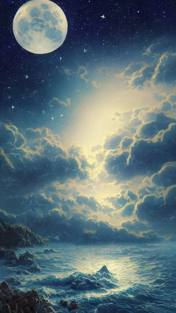 Moon Sea With Stars And Galaxies Ornate Detailed Background...