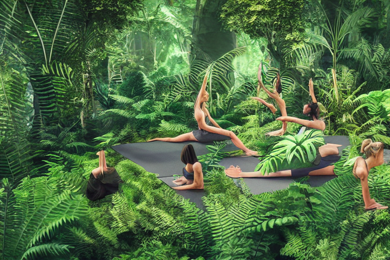 One Person Doing Yoga, Surrounded By Ferns, Jungles, Animals...