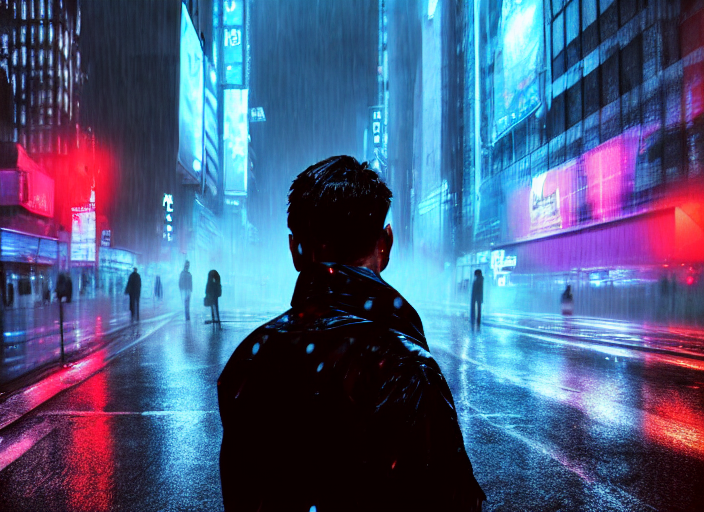 Highly Detailed Digital Art, Man, Facing Back, Heavy Rain, N...