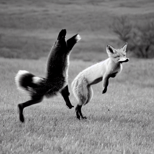 Black And White Flash Photograph Of A Fox And A Chicken Danc...