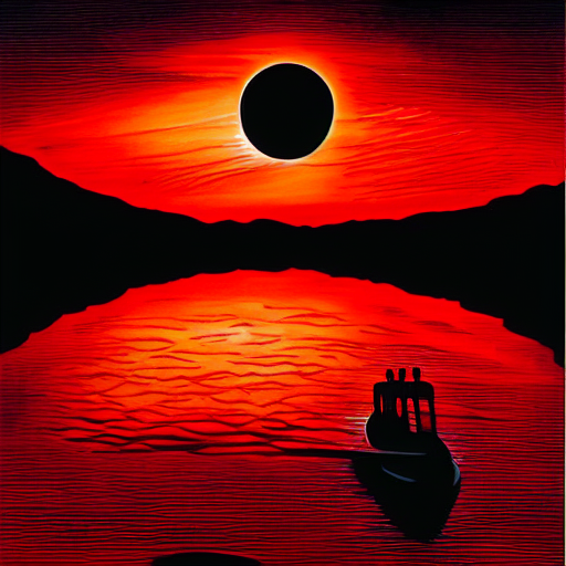 A Painting Of A Eclipse. The Silhouette Of A Man In A Boat T...