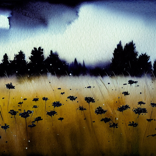 Snowing Meadow With Many Black Flowers In Front, Wide Angle,...