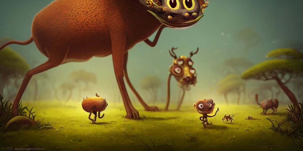 Of An Intricate Hazy Savanna With Strange Big Cute Creatures...