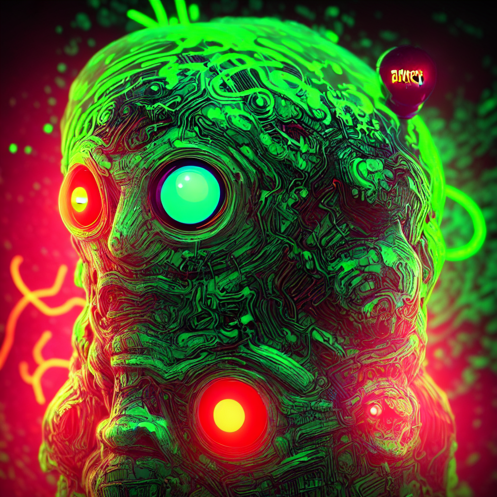 Fluorescent Luminescent Neon Microbe With Eyes And Sinister...