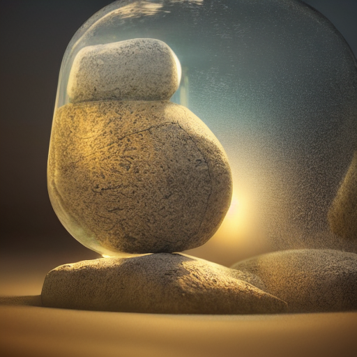 Stone Cairn Inside A Glass Jar Buried In Sand, Intricate Det...