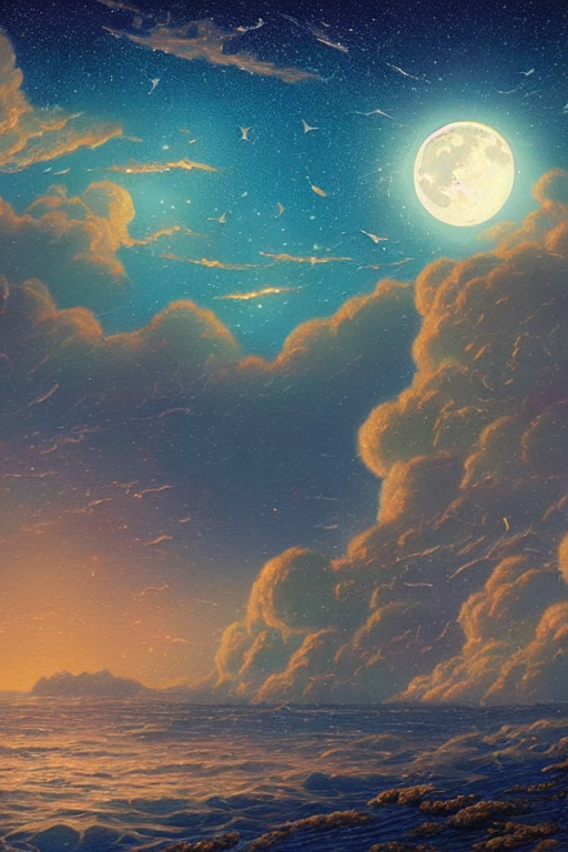 Moon Sea And Night Sky With Stars And Galaxies, Trending On...