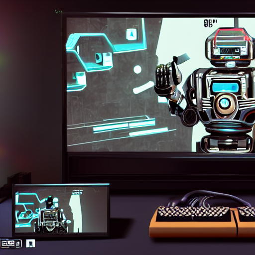 An Elaborate Robot Coding, On Screen Old Video Game Shown, R... — Stable Diffusion AI Prompt: an elaborate robot coding, on screen old video game shown, robot hold a controll...