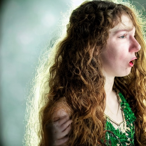 Close Up Of A Horrified Young Woman With Long Hazelnut Wavy...