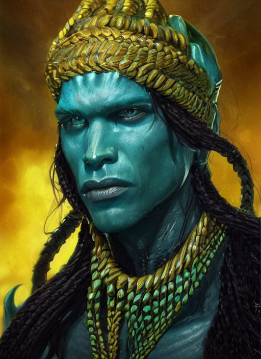A Face Portrait Of A Humanoid Male With Turquois Colored Ski...