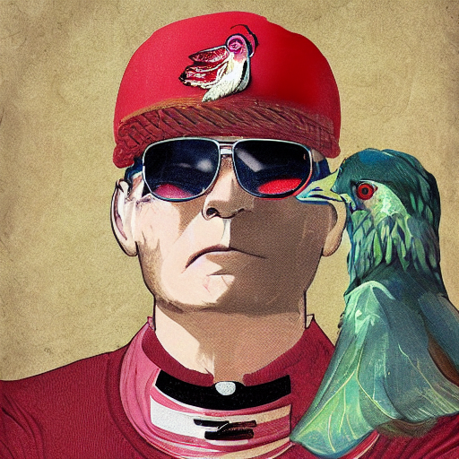 Anthropomorphic Portrait Of Brutal Pigeon In Sunglasses, Red...